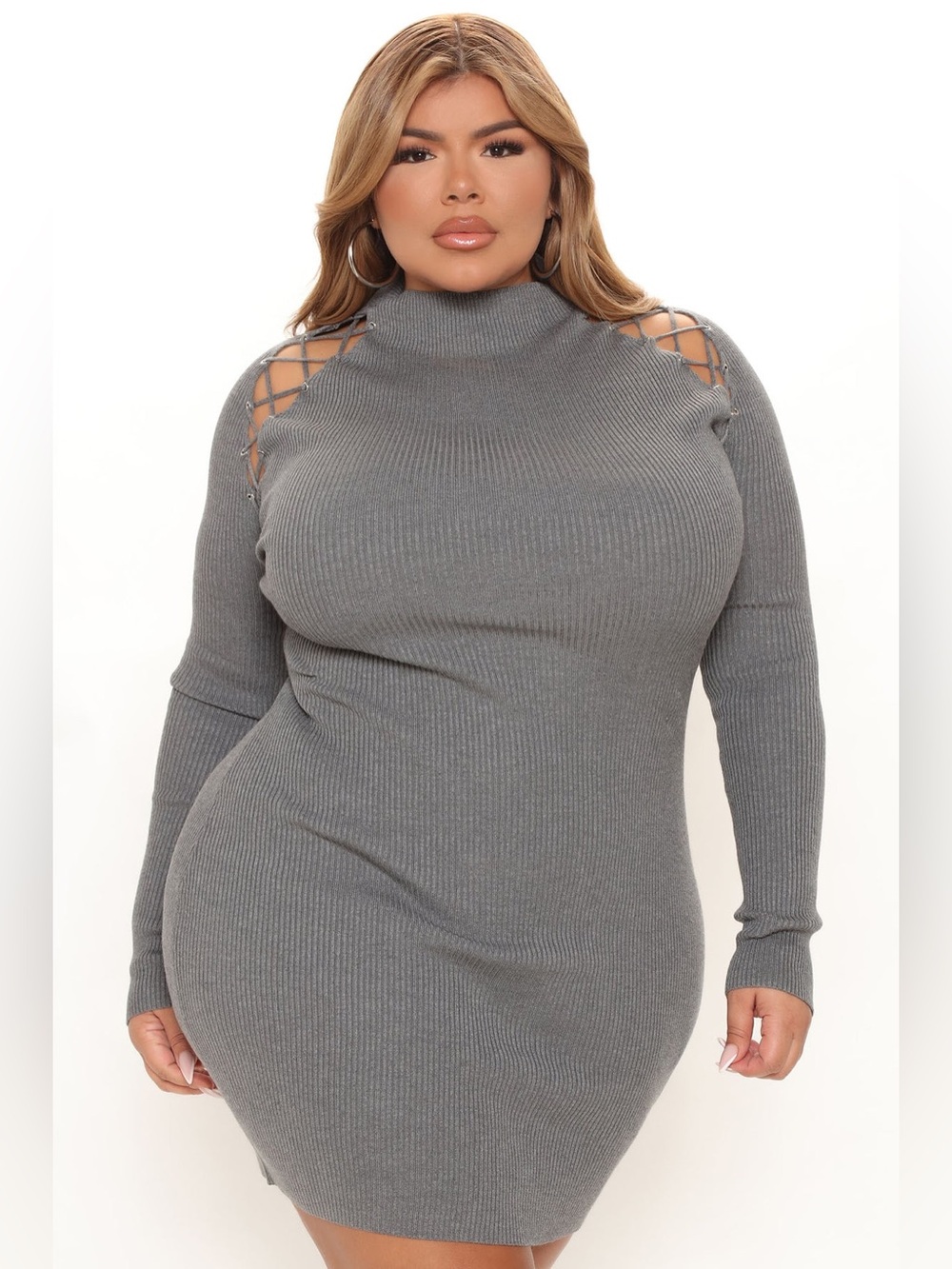 Sold Out Fashion Nova Gray Lace-Up Shoulder Ribbed Knit Dress